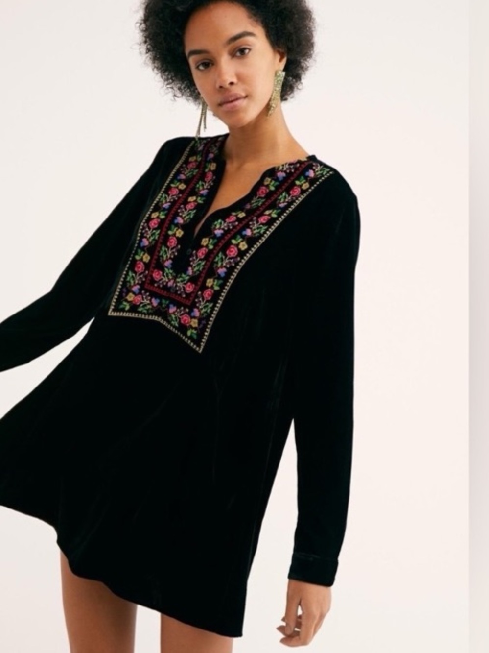 Free People Embroidered Black Velvet Tunic Dress with Floral Yoke